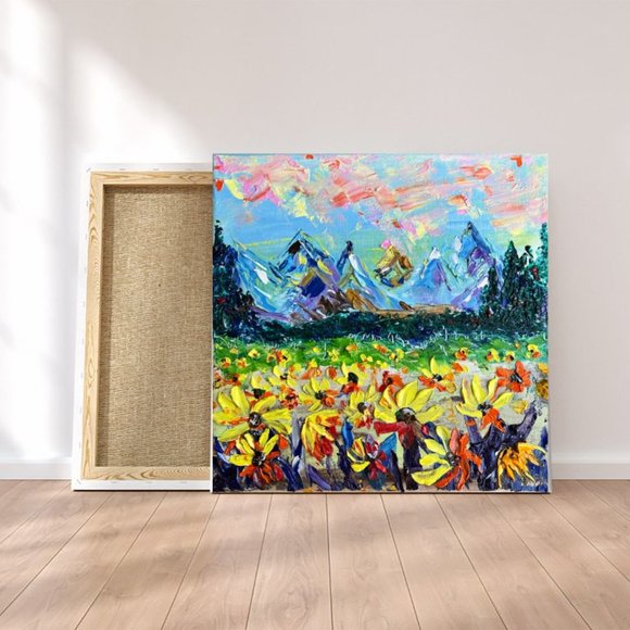 Sunflower Colorado Rocky Mountains Sunset 12x12” Original impasto 3d Oil Paintin - Picture 5 of 12